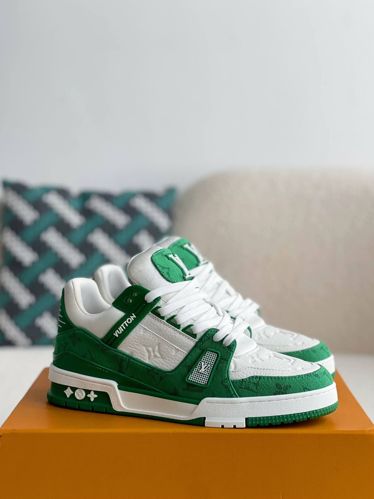 Louis Vuitton Monogram Trainer Green White Denim  Sneakers