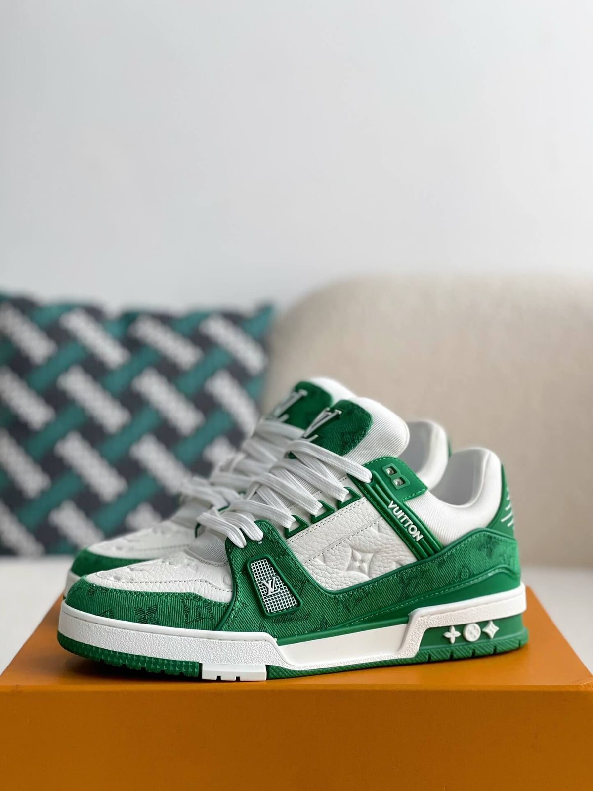 Louis Vuitton Monogram Trainer Green White Denim  Sneakers