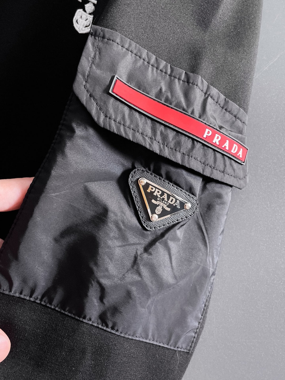 Prada Linea Rossa Tracksuit Set - Black Technical Knit Cargo Jacket & Joggers