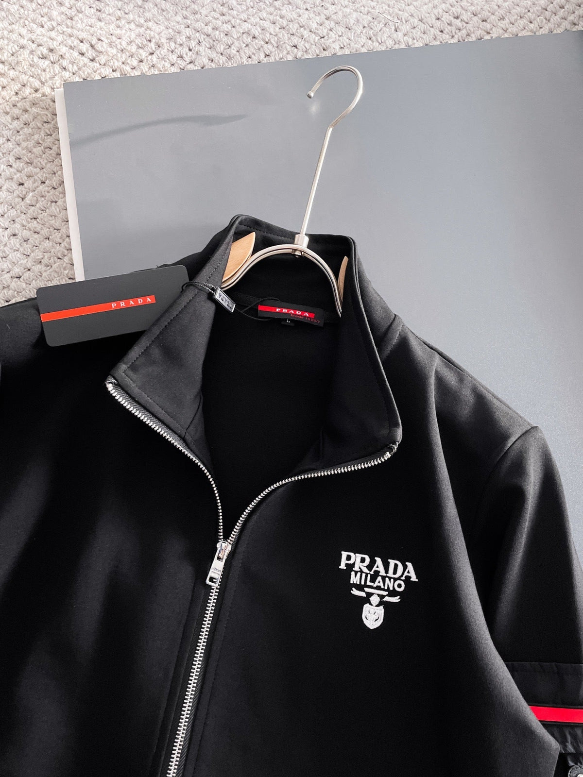 Prada Linea Rossa Tracksuit Set - Black Technical Knit Cargo Jacket & Joggers