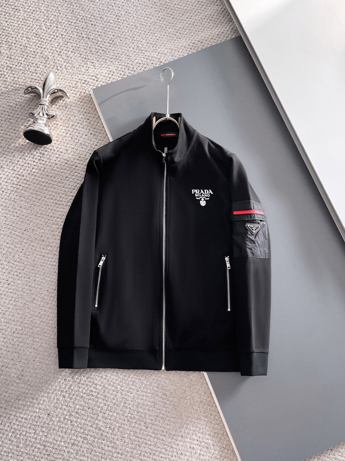 Prada Linea Rossa Tracksuit Set - Black Technical Knit Cargo Jacket & Joggers