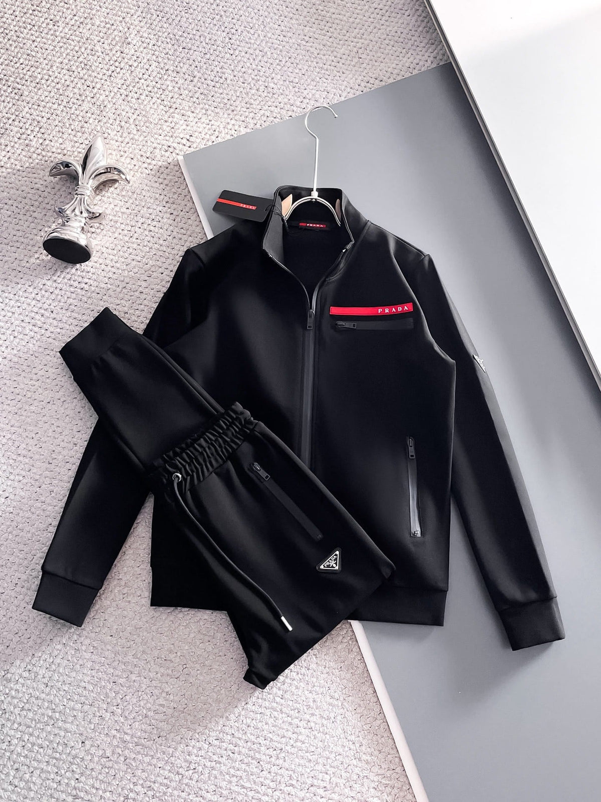 Prada Linea Rossa Tracksuit Set - Black Technical Knit Zip Jacket & Jogger Suit