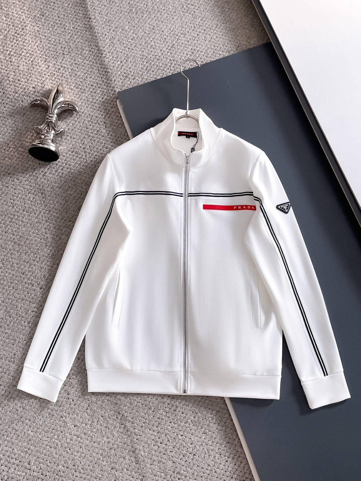 Prada Linea Rossa Tracksuit Set - White Technical Knit Stripe Zip Jacket & Pants