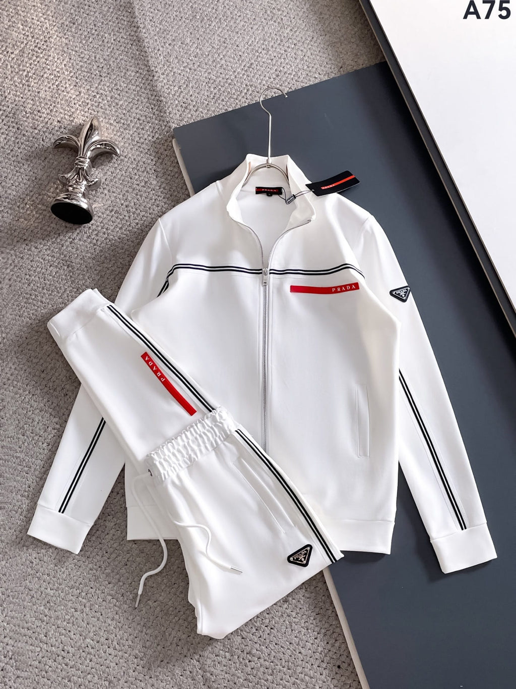 Prada Linea Rossa Tracksuit Set - White Technical Knit Stripe Zip Jacket & Pants
