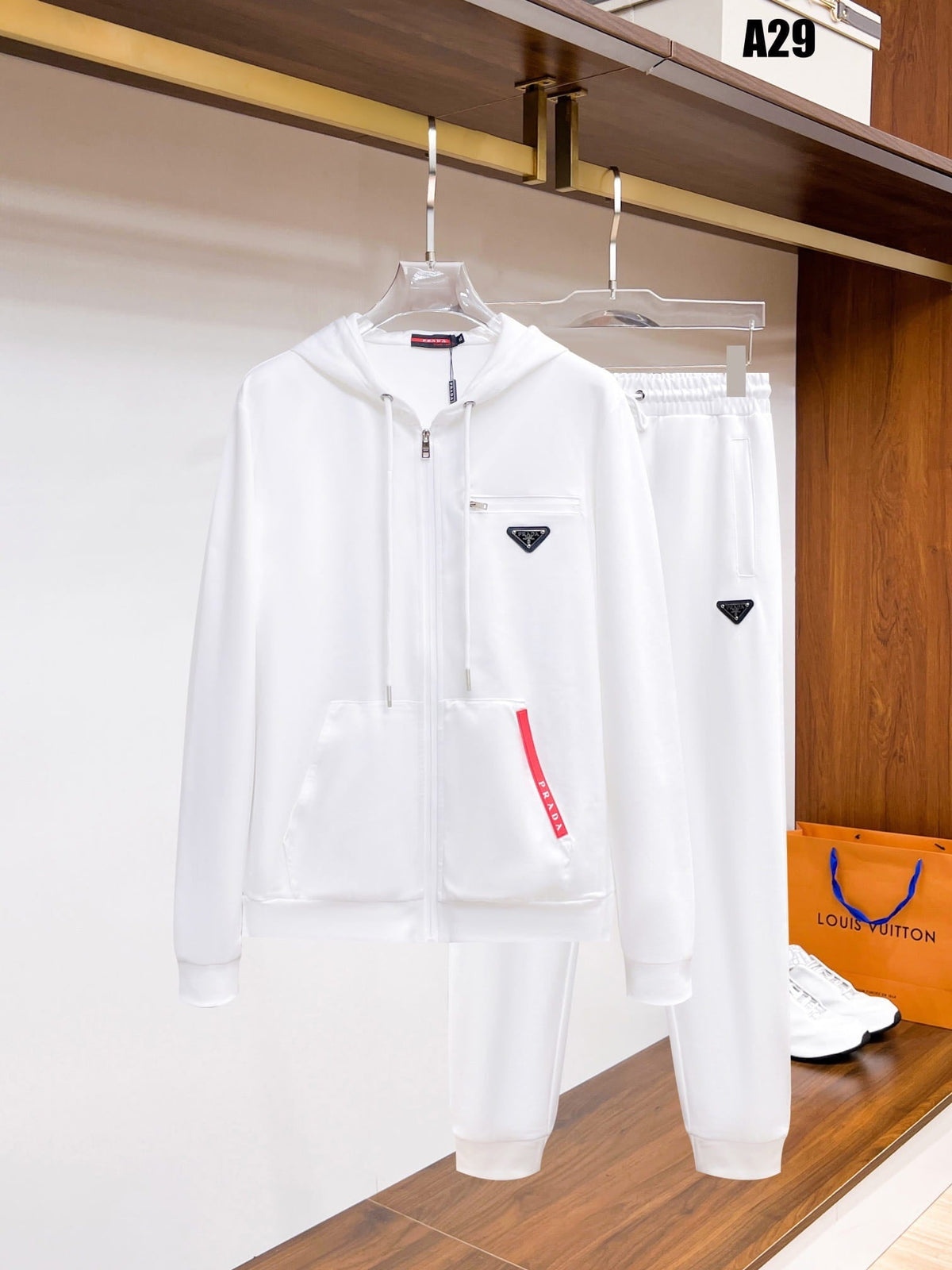 Prada Linea Rossa White Tracksuit Set - Technical Knit Zip-Up Hoodie & Jogger Suit