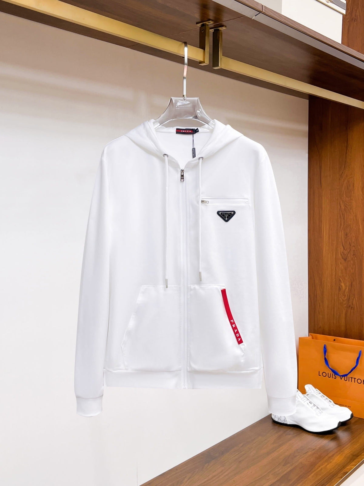 Prada Linea Rossa White Tracksuit Set - Technical Knit Zip-Up Hoodie & Jogger Suit