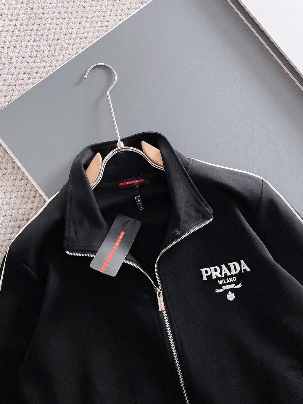 Prada Milano Tracksuit Set - Black Technical Knit Piping Zip Jacket & Pants