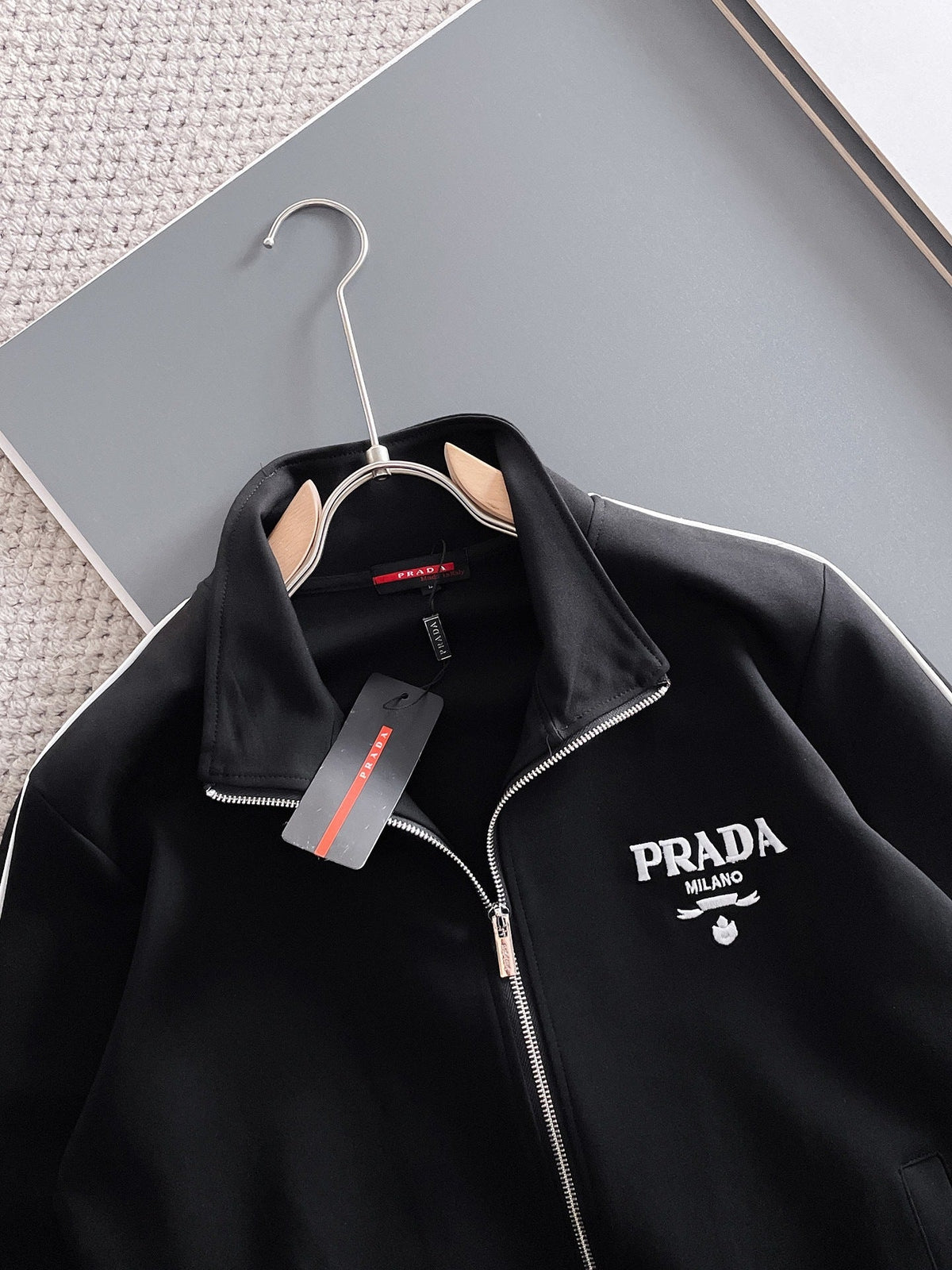 Prada Milano Tracksuit Set - Black Technical Knit Piping Zip Jacket & Pants