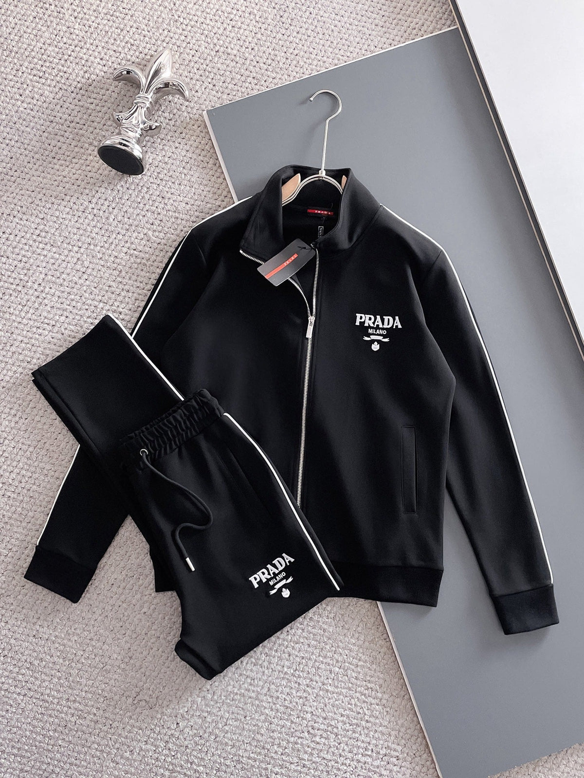 Prada Milano Tracksuit Set - Black Technical Knit Piping Zip Jacket & Pants