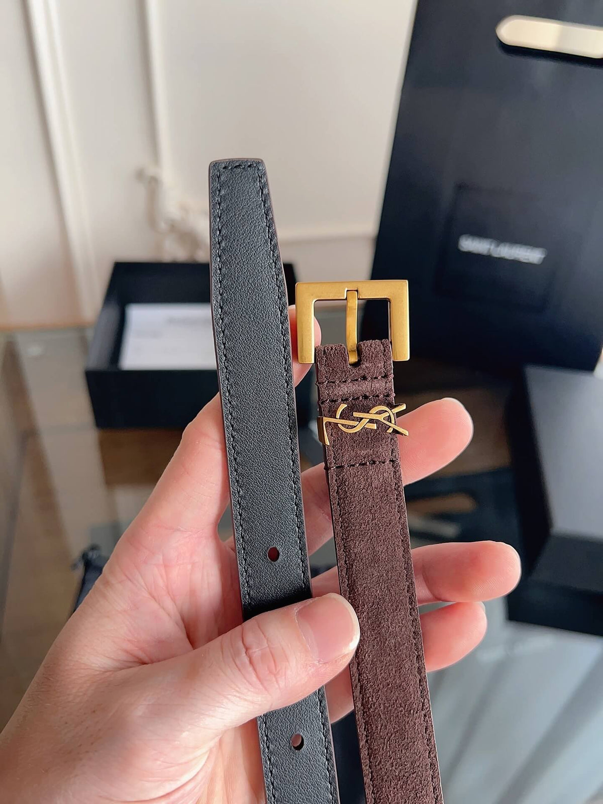 Saint Laurent Women's Cassandre Thin Belt in Dark Brown Suede