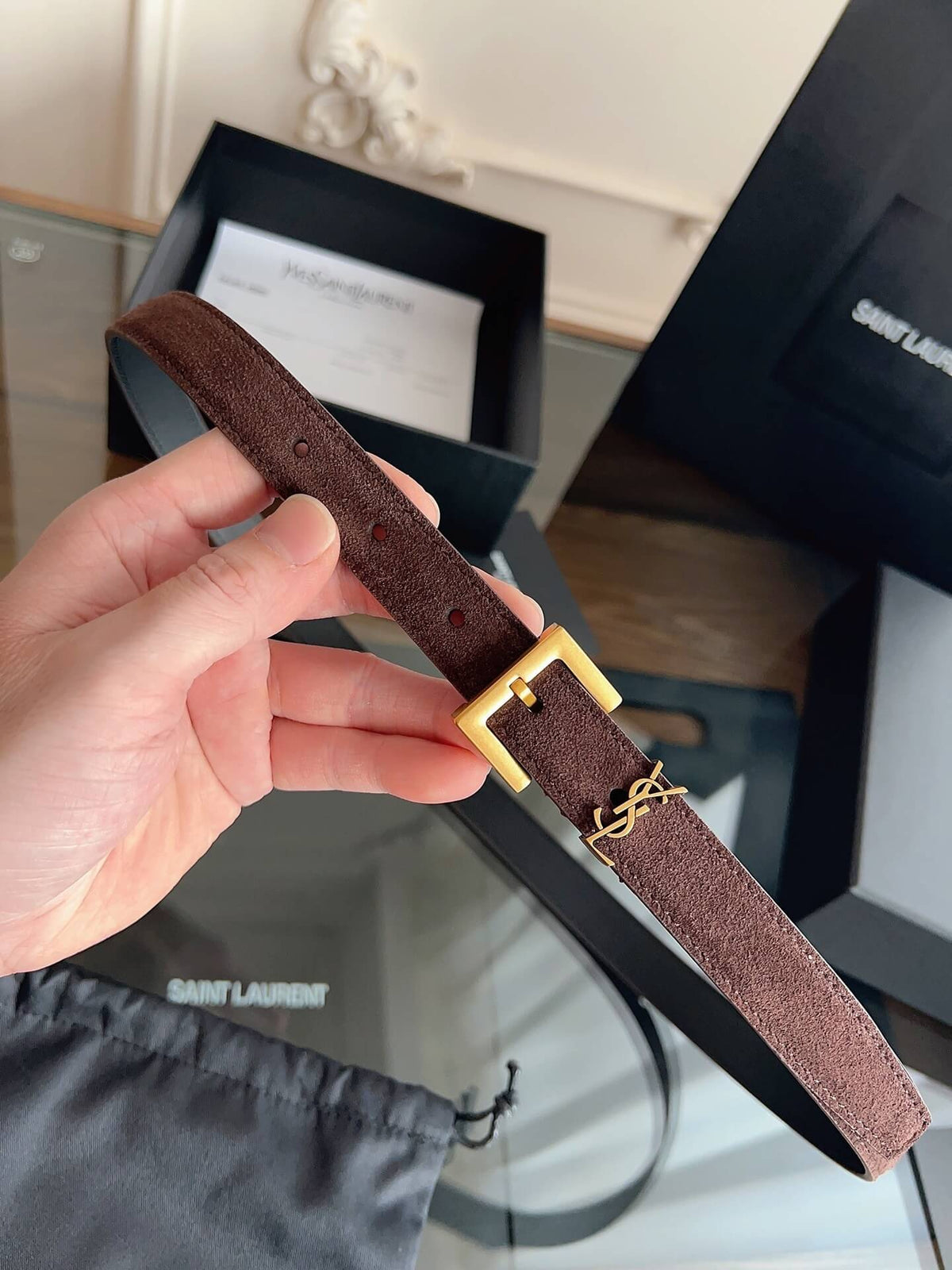Saint Laurent Women's Cassandre Thin Belt in Dark Brown Suede