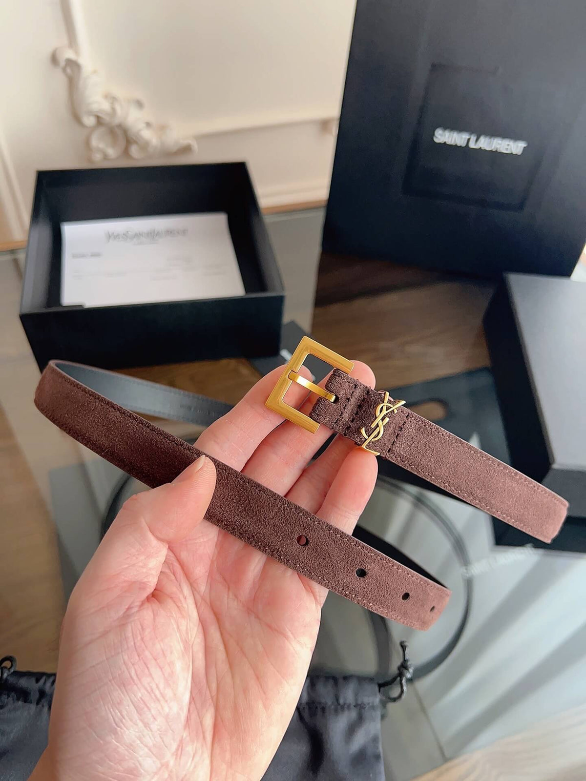 Saint Laurent Women's Cassandre Thin Belt in Dark Brown Suede