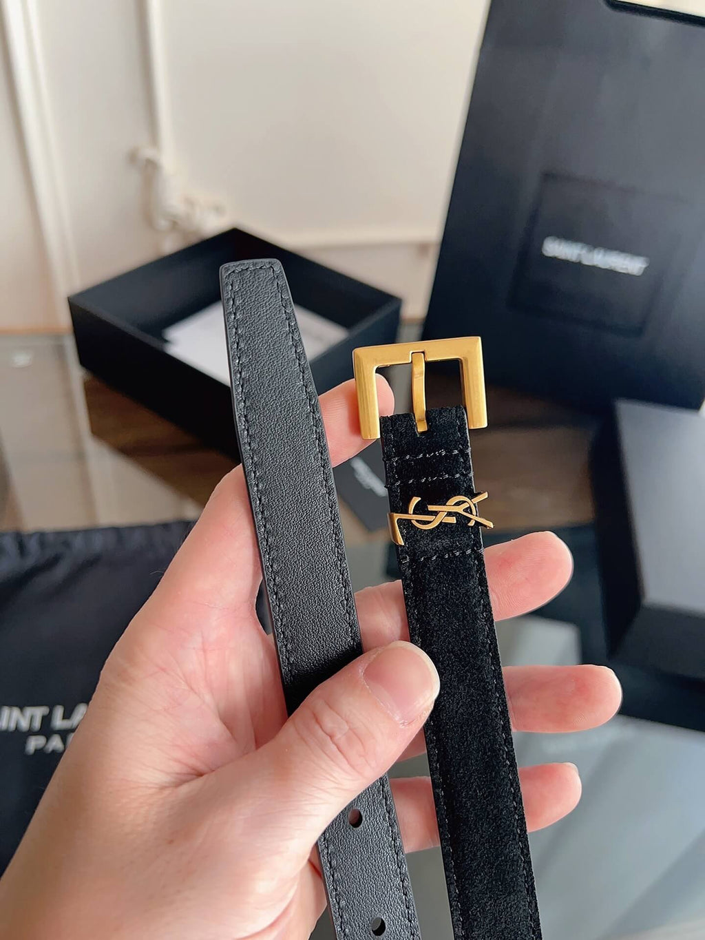 Saint Laurent Women's Cassandre Thin Belt in Smooth Black Leather - Gold YSL Logo