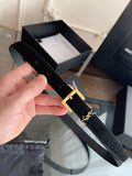Saint Laurent Women's Cassandre Thin Belt in Smooth Black Leather - Gold YSL Logo