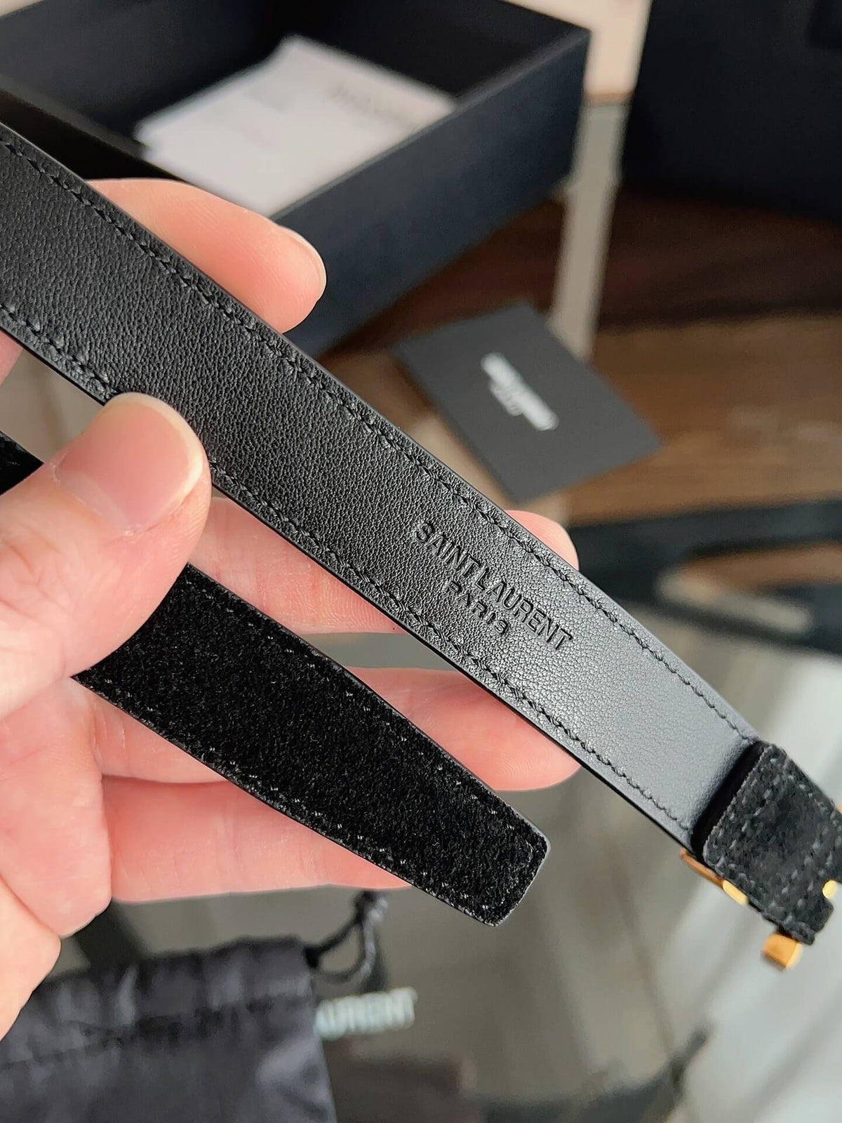 Saint Laurent Women's Cassandre Thin Belt in Smooth Black Leather - Gold YSL Logo