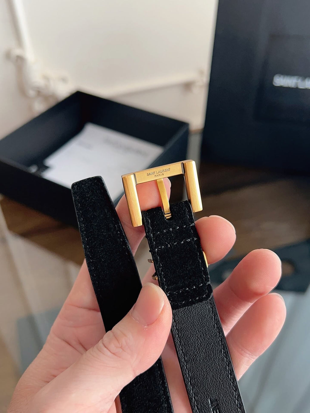 Saint Laurent Women's Cassandre Thin Belt in Smooth Black Leather - Gold YSL Logo
