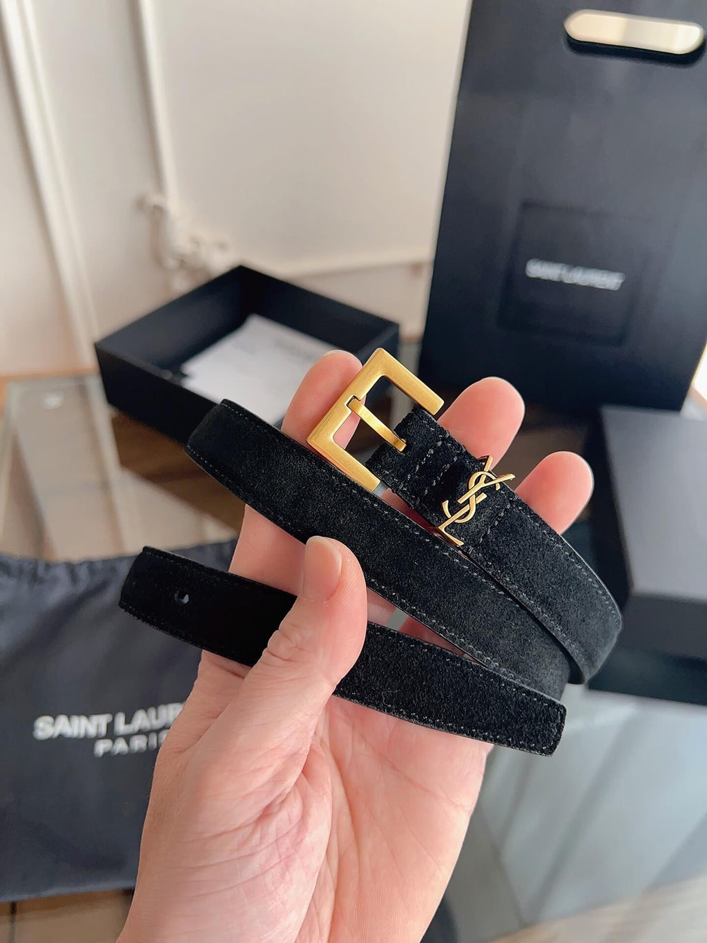 Saint Laurent Women's Cassandre Thin Belt in Smooth Black Leather - Gold YSL Logo