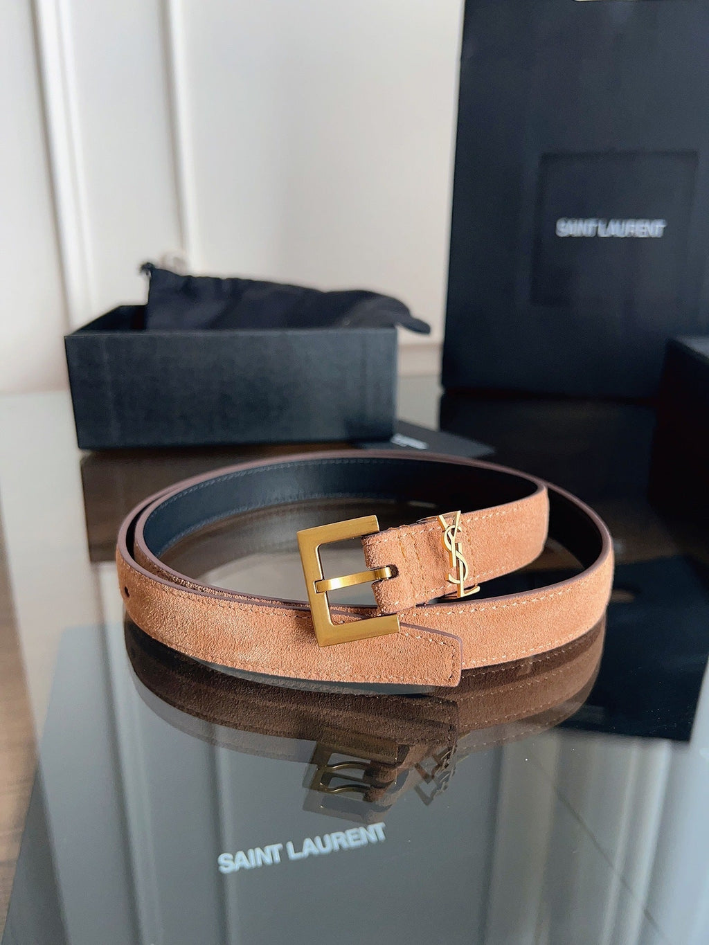 Saint Laurent Women's Cassandre Thin Belt in Tan Suede