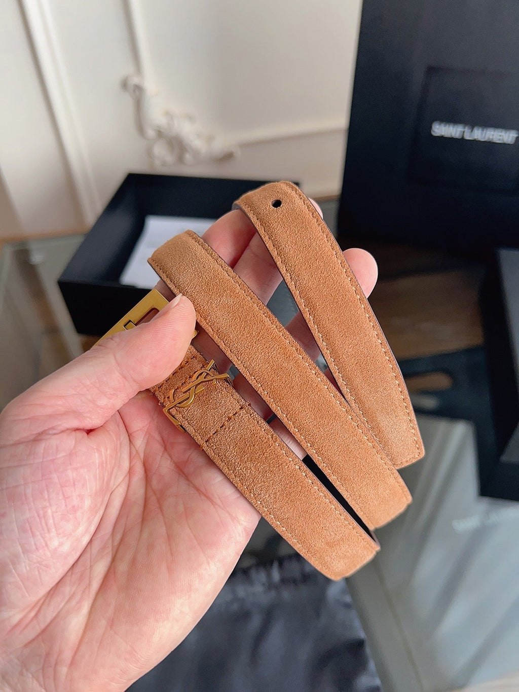 Saint Laurent Women's Cassandre Thin Belt in Tan Suede