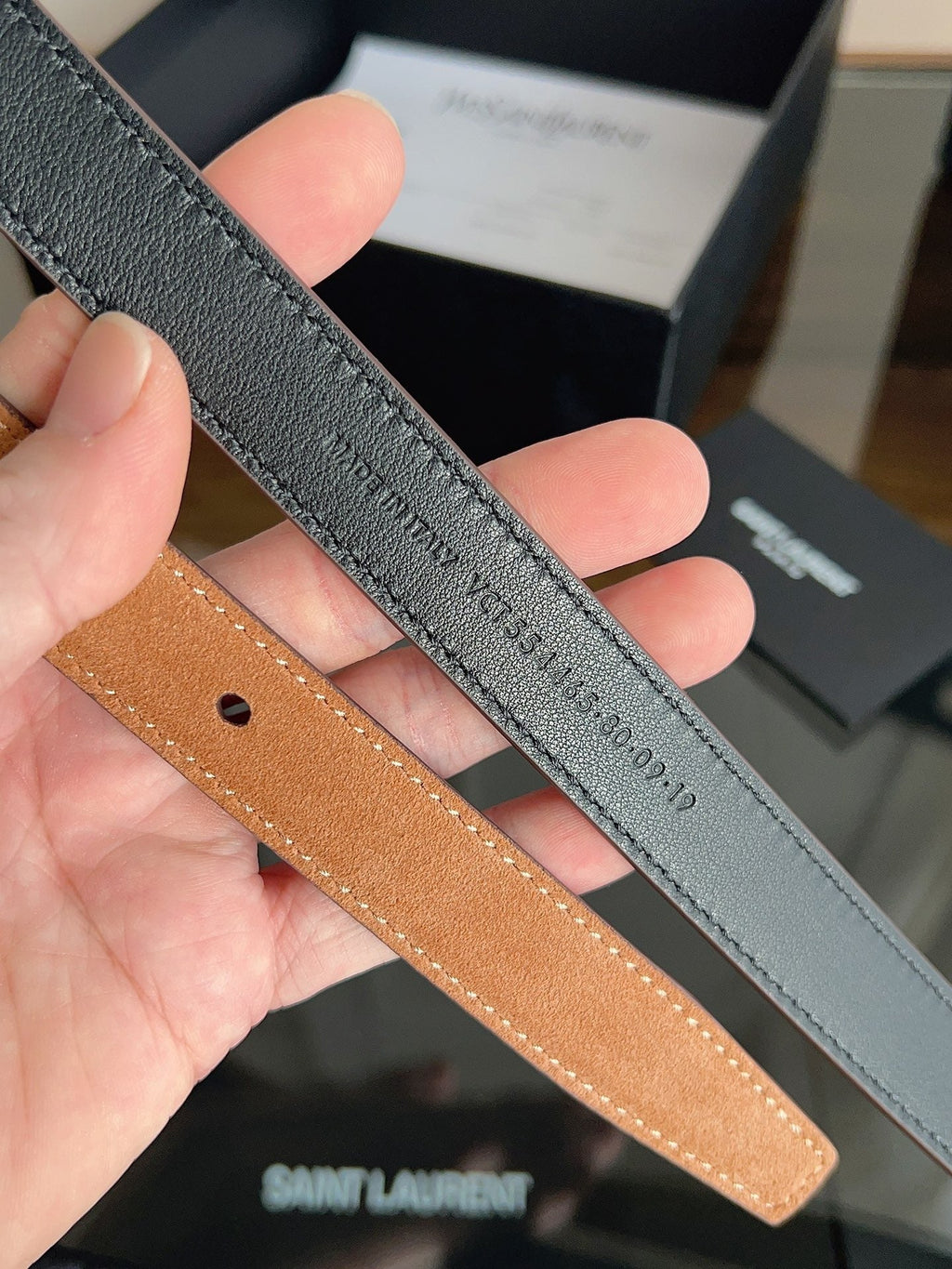 Saint Laurent Women's Cassandre Thin Belt in Tan Suede