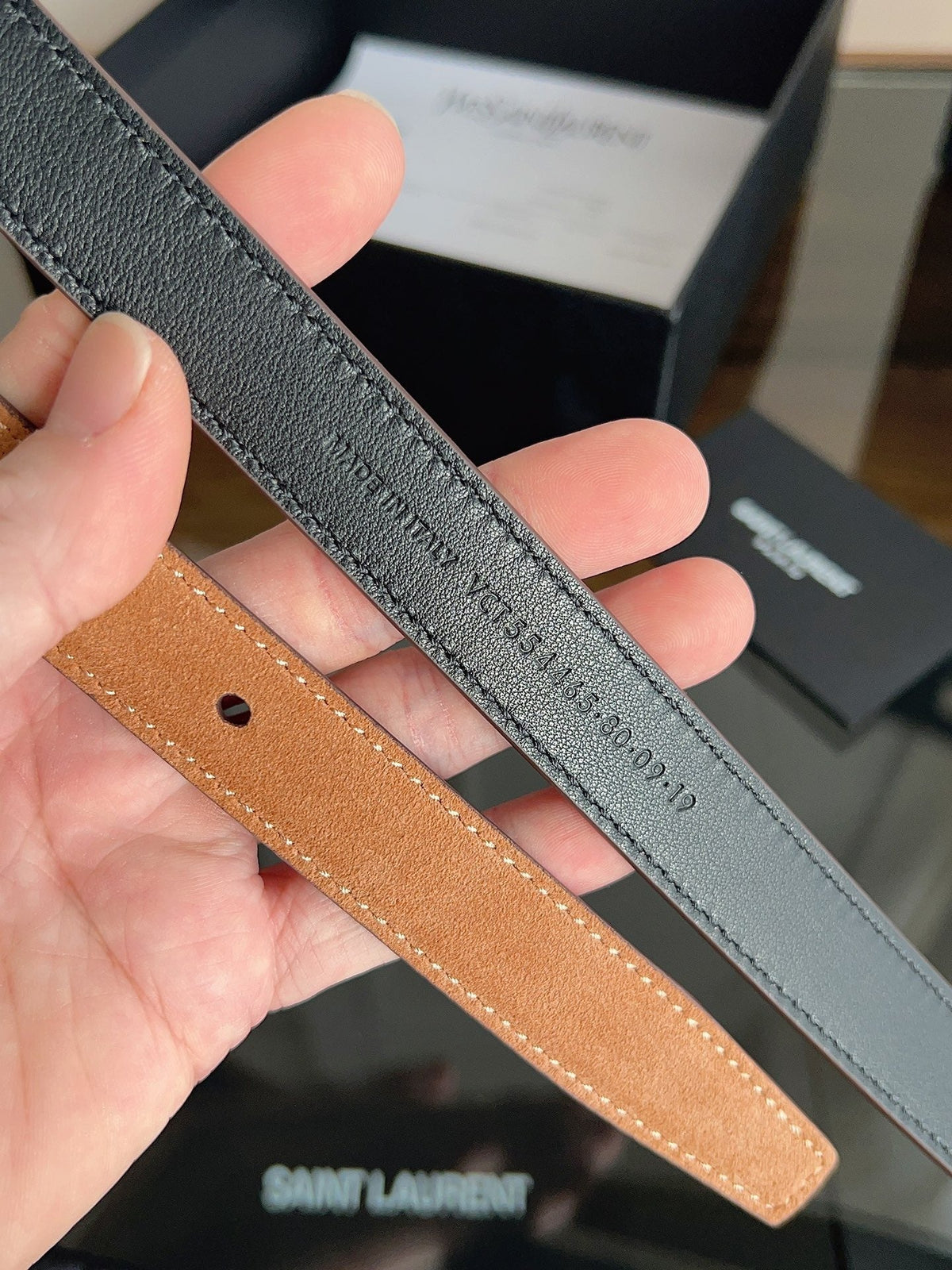 Saint Laurent Women's Cassandre Thin Belt in Tan Suede