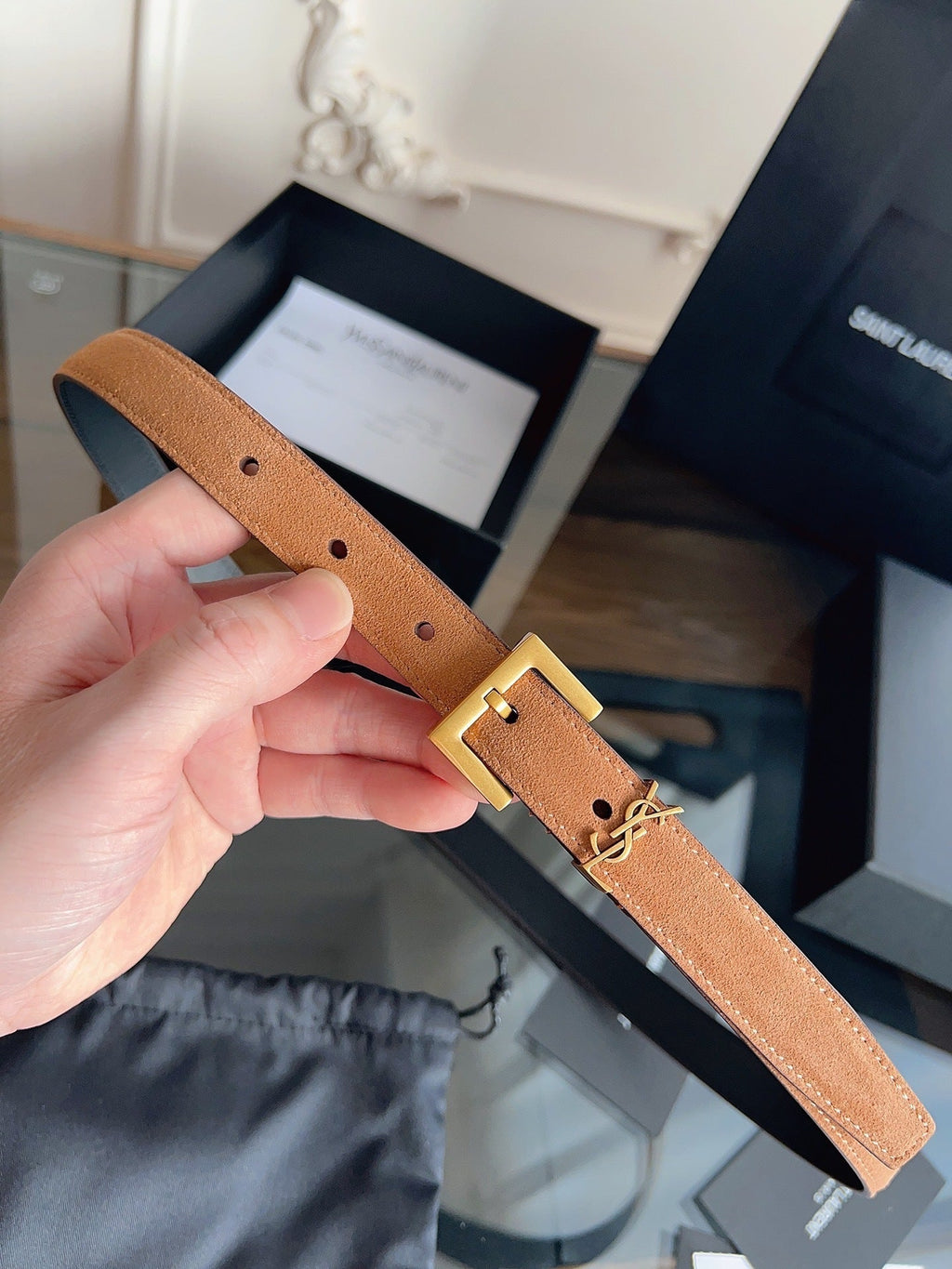 Saint Laurent Women's Cassandre Thin Belt in Tan Suede