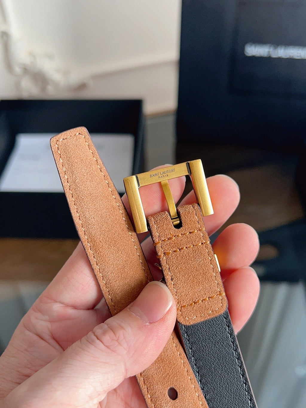 Saint Laurent Women's Cassandre Thin Belt in Tan Suede