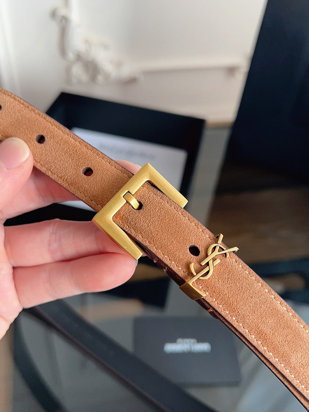 Saint Laurent Women's Cassandre Thin Belt in Tan Suede