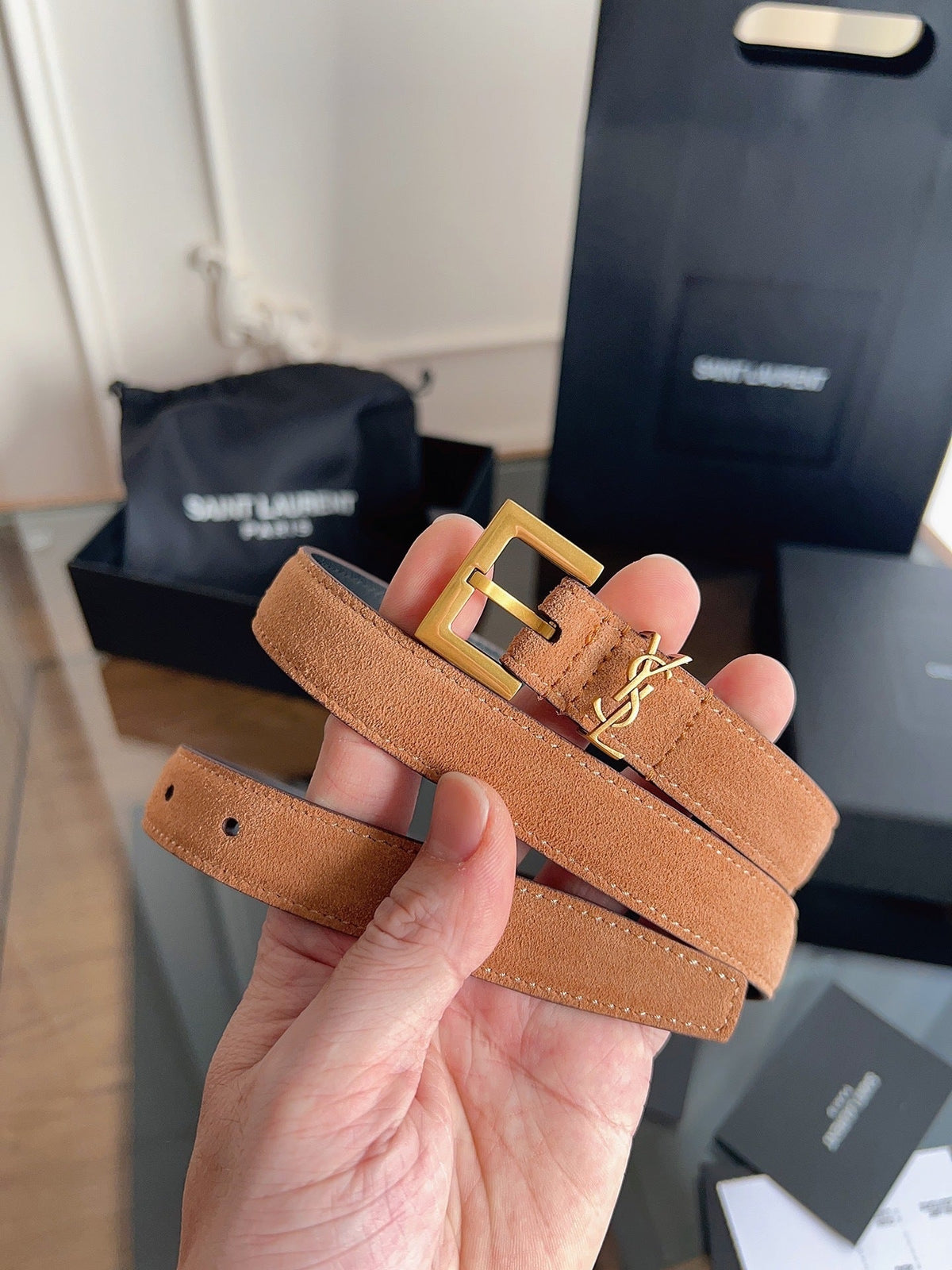 Saint Laurent Women's Cassandre Thin Belt in Tan Suede