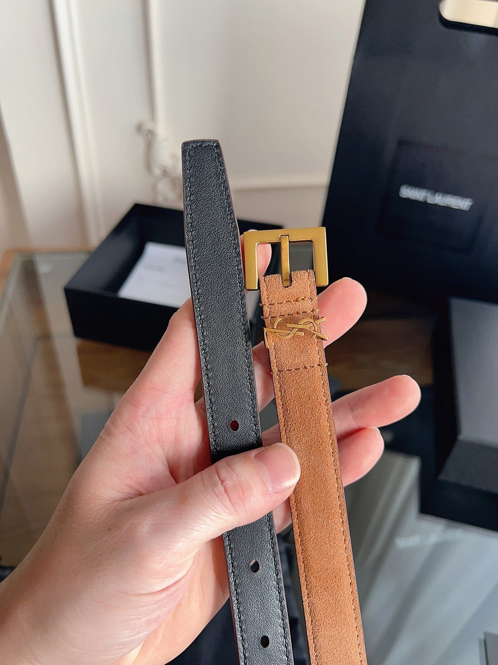 Saint Laurent Women's Cassandre Thin Belt in Tan Suede