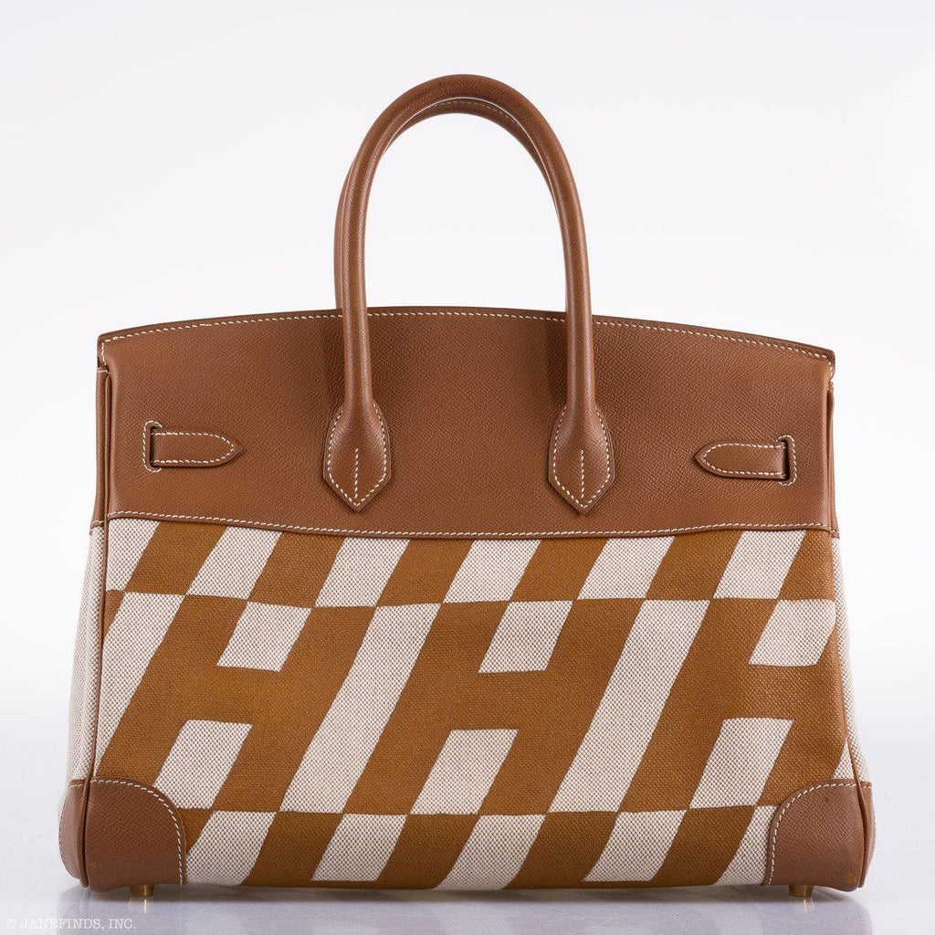 Vintage Hermes Birkin 35 Gold Courchevel with Painted Ulysses Toile Canvas & Gold Hardware - 1998, B Square