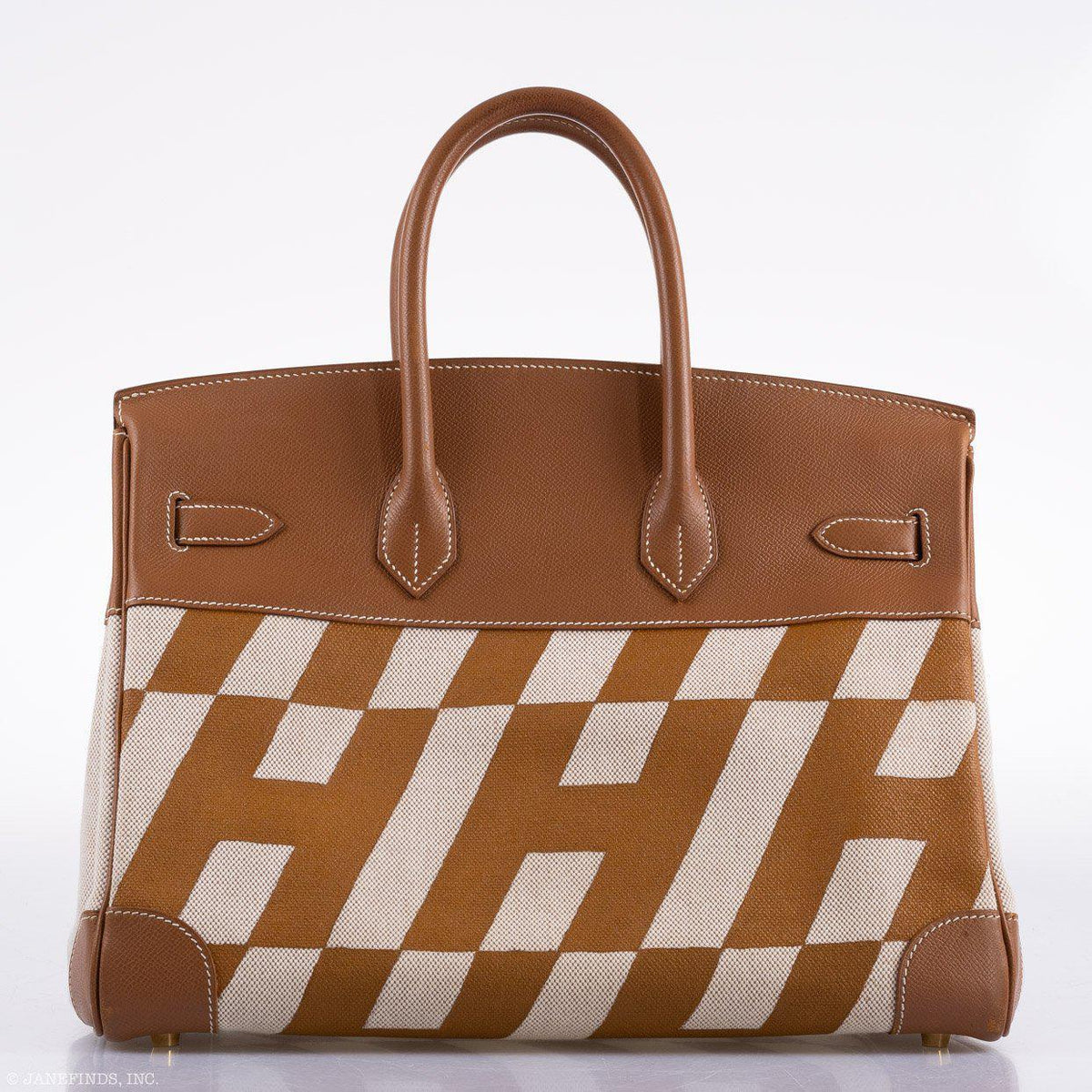 Vintage Hermes Birkin 35 Gold Courchevel with Painted Ulysses Toile Canvas & Gold Hardware - 1998, B Square