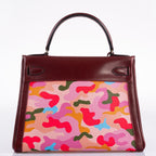 Vintage Hermes Kelly 28 Retourne Rouge H Calf Box & Toile Camouflage Painting