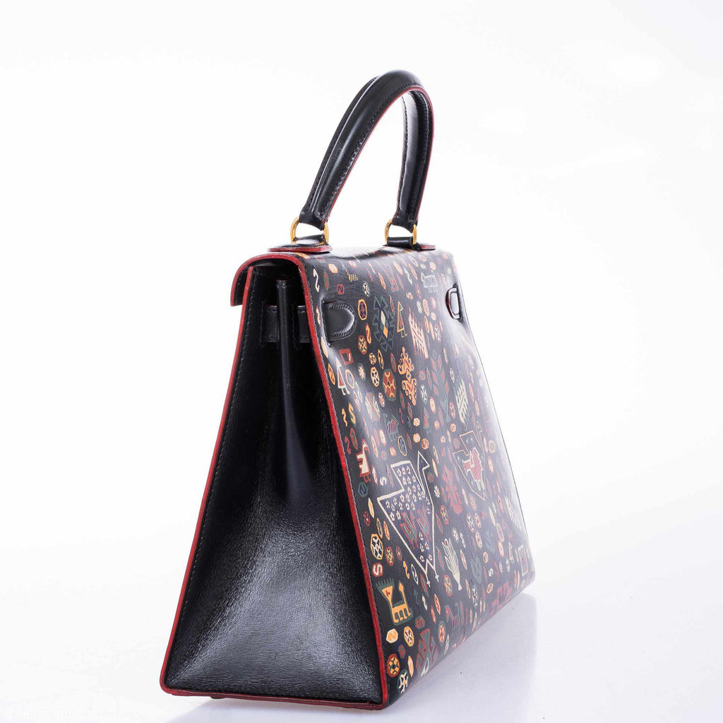 Vintage Hermes Kelly 28 Sellier Black Box Painted "Qashqai" Design with Gold Hardware