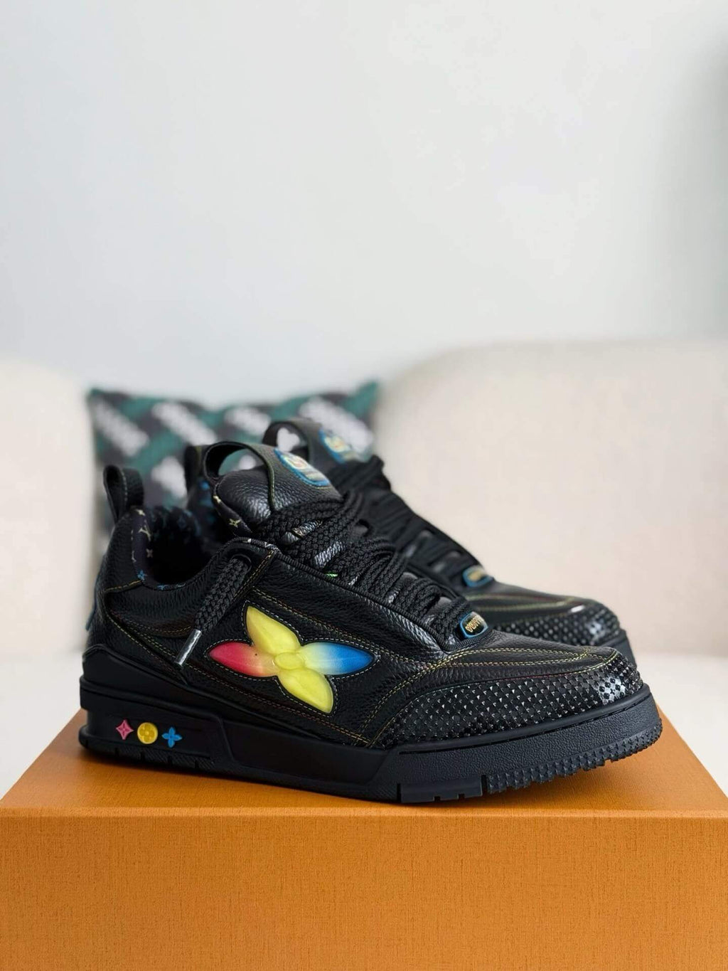 Louis Vuitton LV Skate Sneaker Black Grained Leather Rainbow