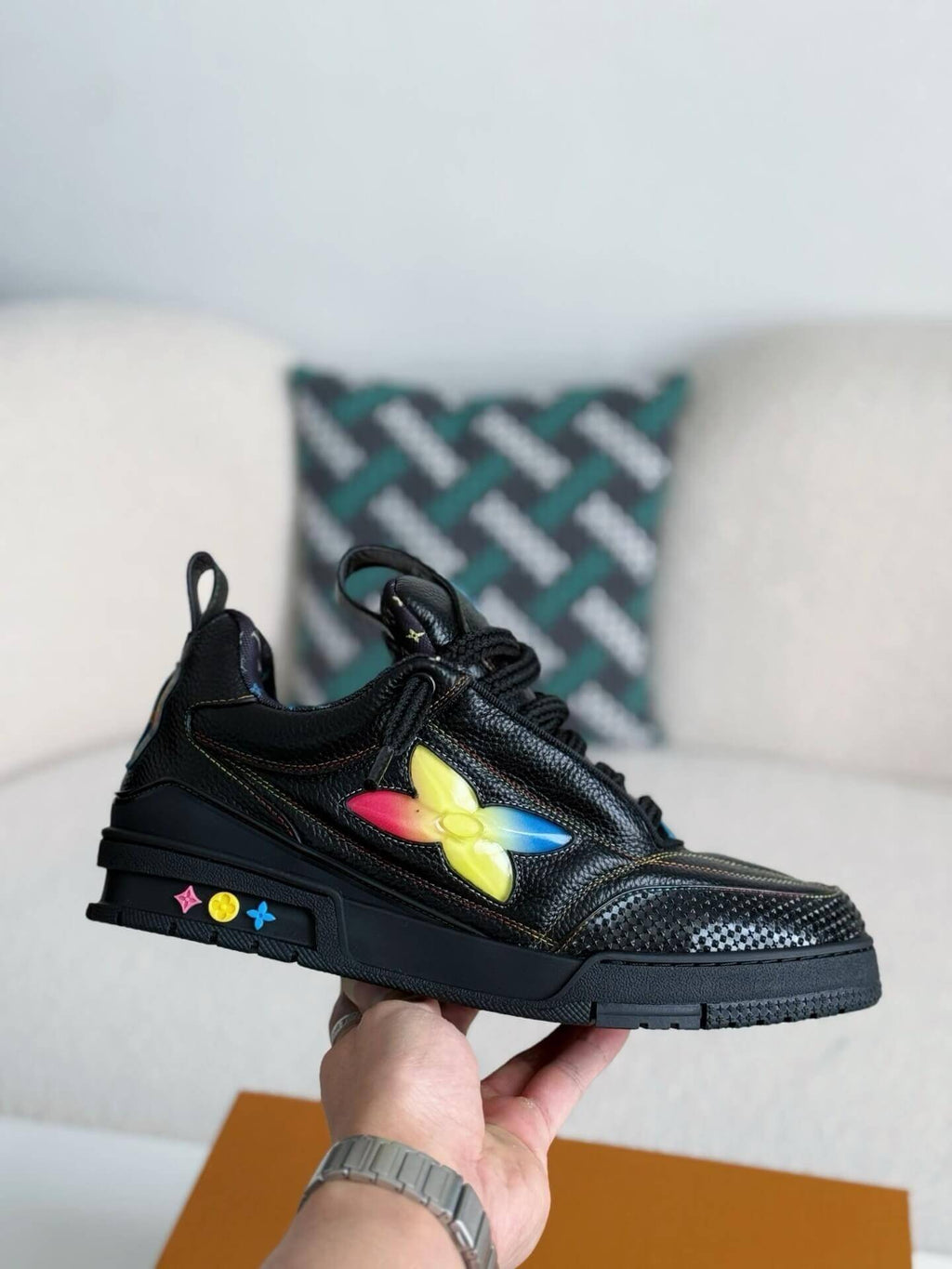 Louis Vuitton LV Skate Sneaker Black Grained Leather Rainbow