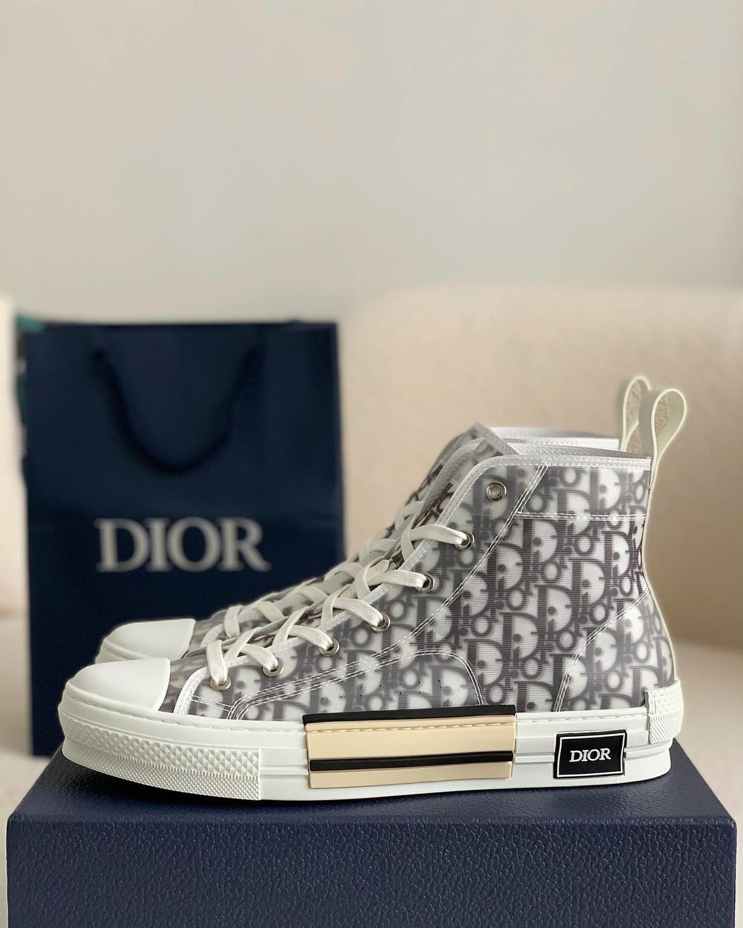 Dior B23 High-Top Sneaker in White & Grey Dior Oblique Transparent Technical Canvas