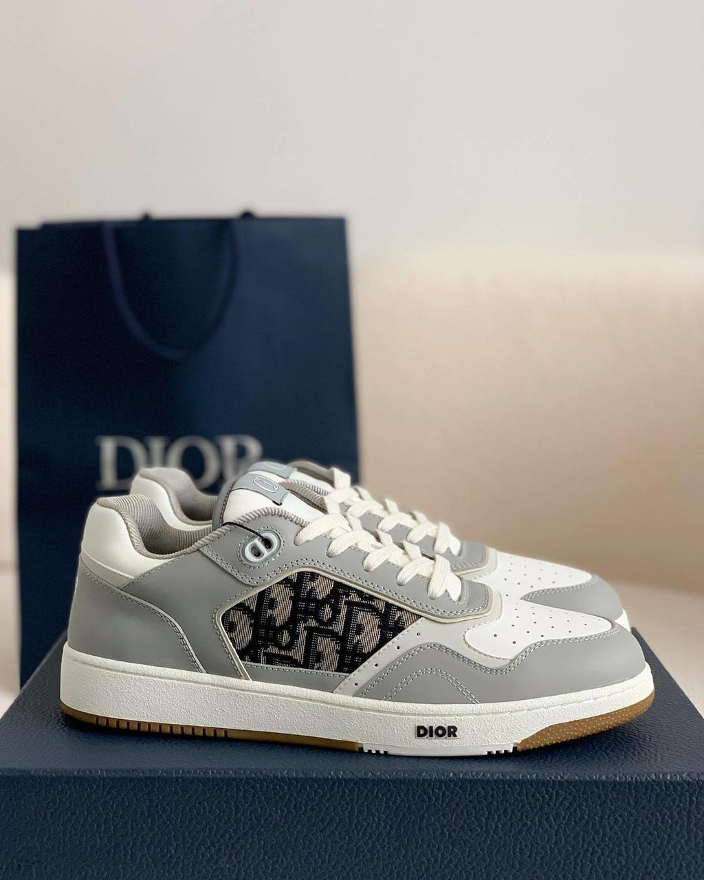 Dior B27 Low-Top Sneaker Grey and White Smooth Calfskin with Black Dior Oblique Jacquard Panel