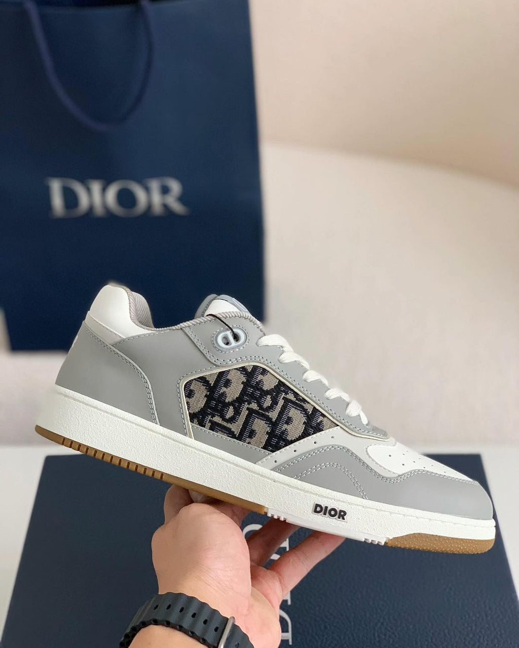 Dior B27 Low-Top Sneaker Grey and White Smooth Calfskin with Black Dior Oblique Jacquard Panel