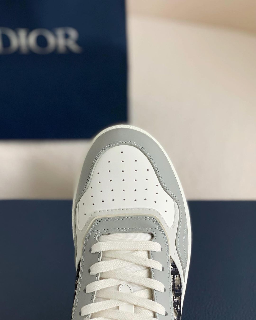 Dior B27 Low-Top Sneaker Grey and White Smooth Calfskin with Black Dior Oblique Jacquard Panel