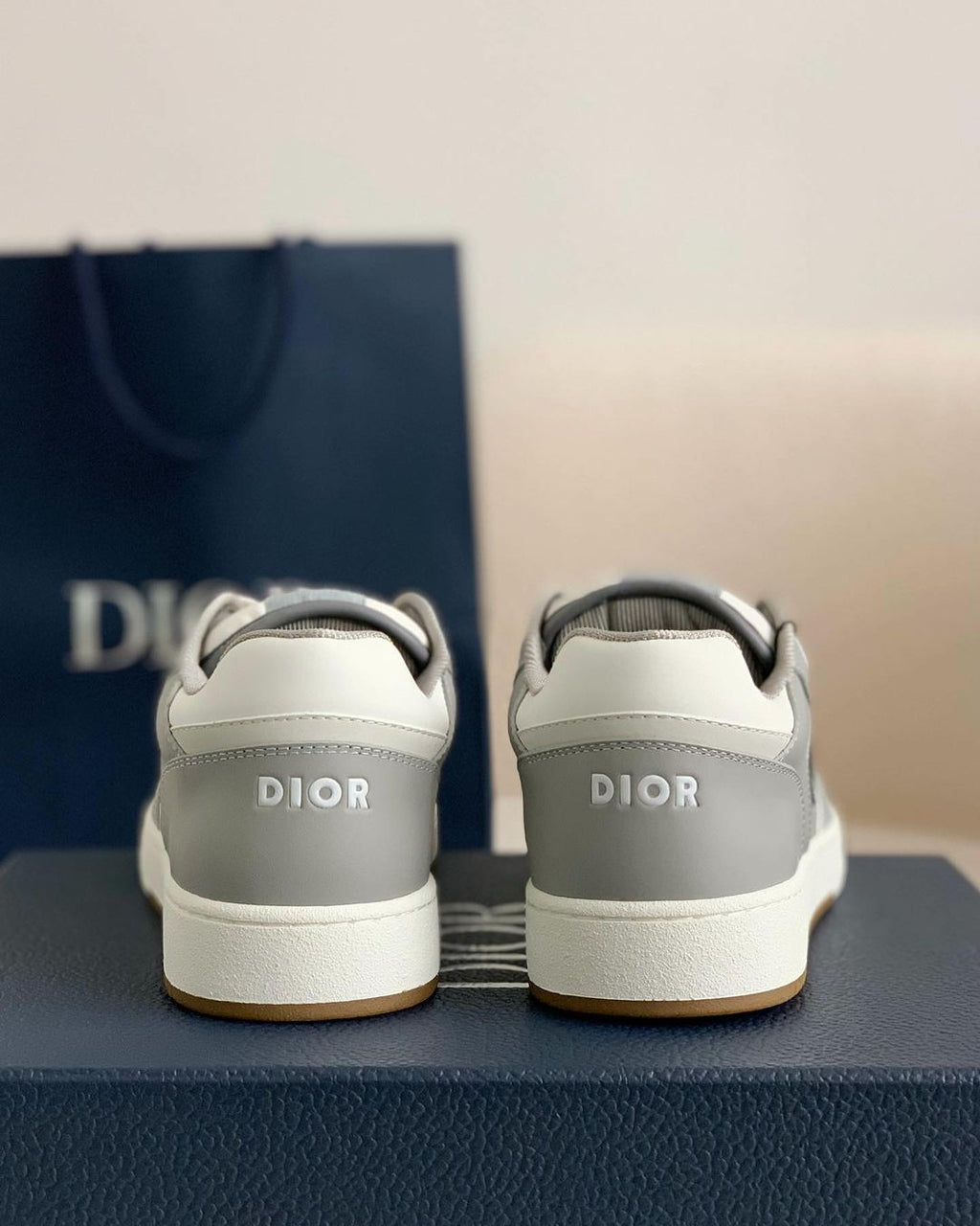 Dior B27 Low-Top Sneaker Grey and White Smooth Calfskin with Black Dior Oblique Jacquard Panel