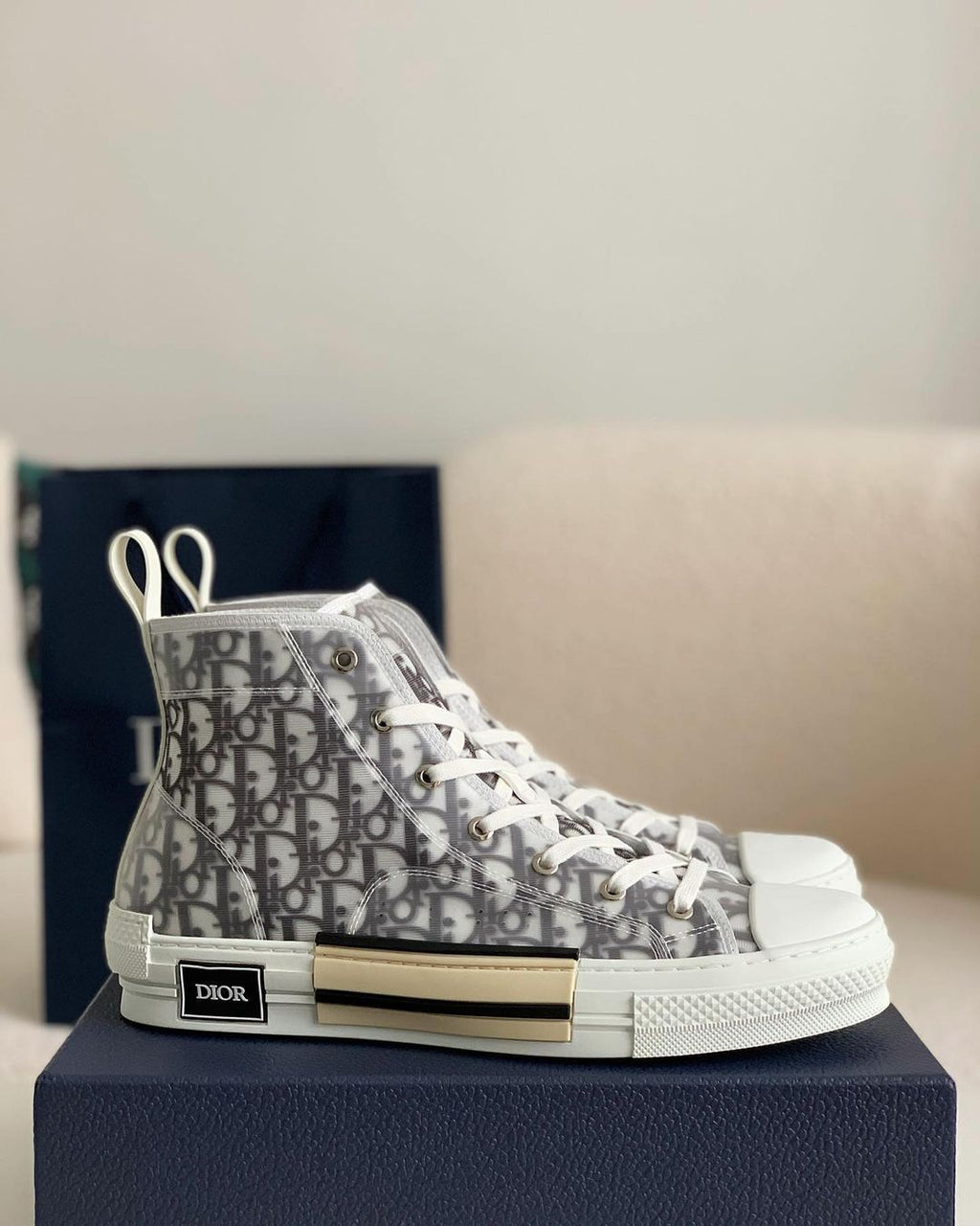 Dior B23 High-Top Sneaker in White & Grey Dior Oblique Transparent Technical Canvas