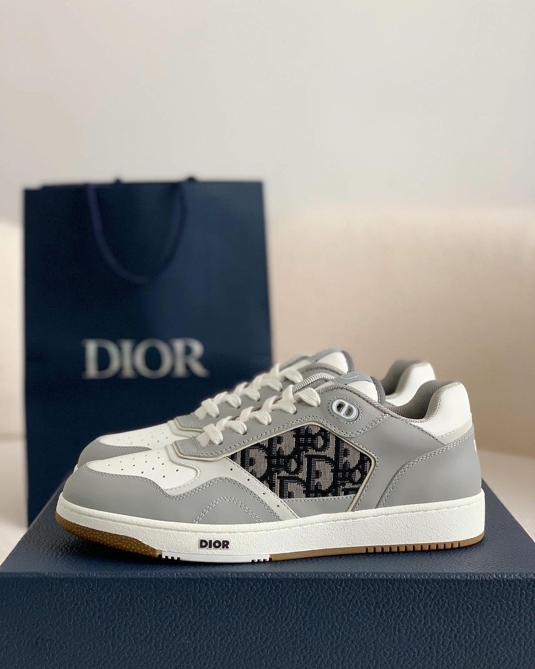 Dior B27 Low-Top Sneaker Grey and White Smooth Calfskin with Black Dior Oblique Jacquard Panel