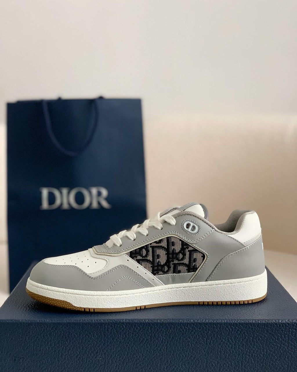 Dior B27 Low-Top Sneaker Grey and White Smooth Calfskin with Black Dior Oblique Jacquard Panel
