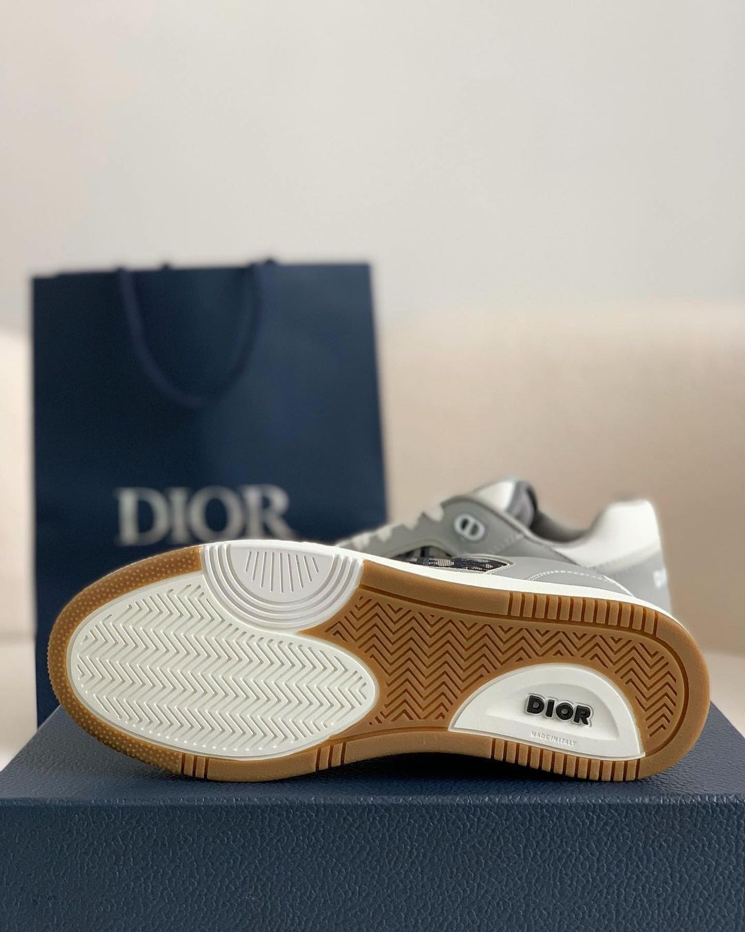 Dior B27 Low-Top Sneaker Grey and White Smooth Calfskin with Black Dior Oblique Jacquard Panel