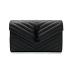 Saint Laurent Chain Wallet Grain De Poudre Matelasse Chevron Monogram Black Leather Cross Body Bag