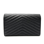 Saint Laurent Chain Wallet Grain De Poudre Matelasse Chevron Monogram Black Leather Cross Body Bag