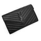 Saint Laurent Chain Wallet Grain De Poudre Matelasse Chevron Monogram Black Leather Cross Body Bag