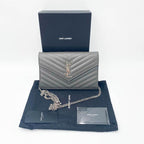 Saint Laurent Chain Wallet Grain De Poudre Matelasse Chevron Monogram Grey Leather Cross Body Bag
