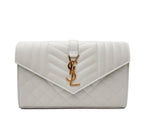 Saint Laurent Chain Wallet Grain De Poudre Mixed Matelasse Triquilt Crema White Leather Shoulder Bag